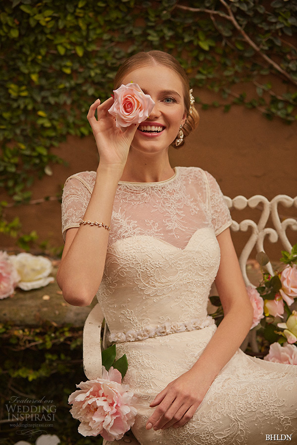 bhldn spring 2015 bridal bateau sheer sweetheart neckline short sheer lace sleeves v low cut back creme a line wedding dress avery closeup