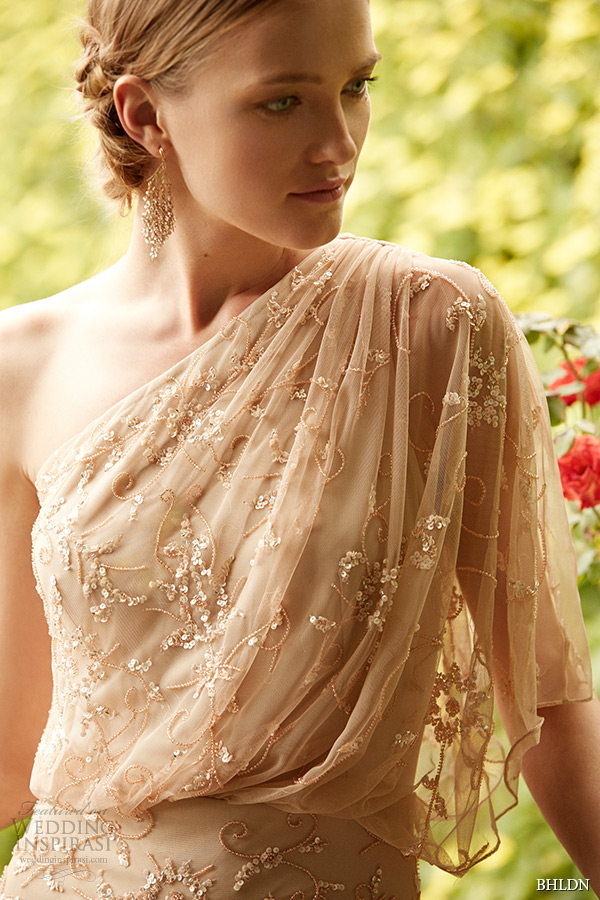 bhldn spring 2015 bridal one shoulder beaded tulle champagne draped wedding dress raquel closeup