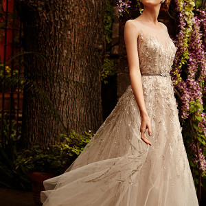 bhldn spring 2015 bridal sleeveless illusion sweetheart neckline metallic lace strips layered tulle skirt sandstone a line wedding dress wisteria