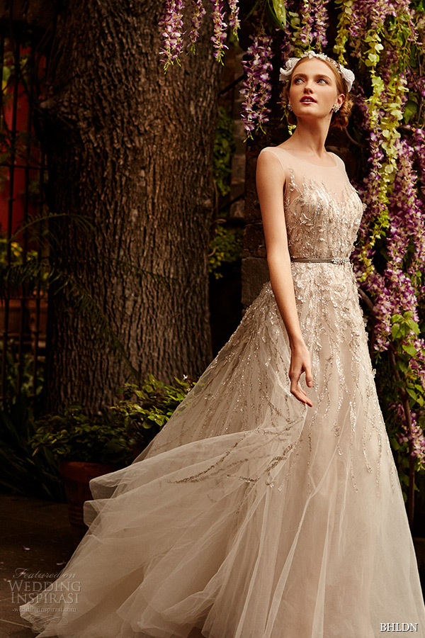 bhldn spring 2015 bridal sleeveless illusion sweetheart neckline metallic lace strips layered tulle skirt sandstone a line wedding dress wisteria