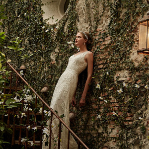 bhldn spring 2015 bridal sleeveless plunging v neckline filigreed embroidery bodice sheath ivory wedding dress alhambra