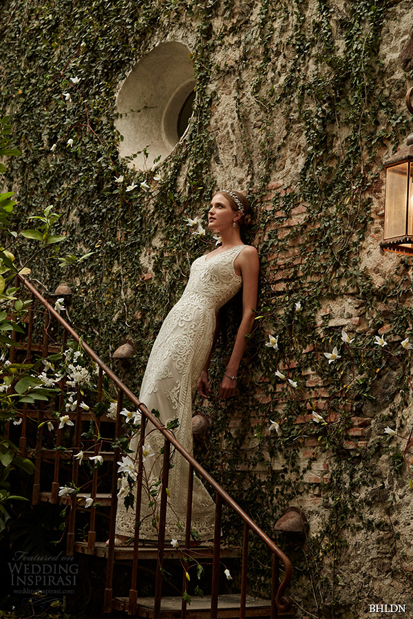 bhldn spring 2015 bridal sleeveless plunging v neckline filigreed embroidery bodice sheath ivory wedding dress alhambra