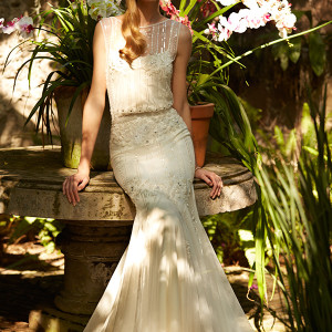 bhldn spring 2015 bridal sleeveless sheer bateau neckline v back ivory trumpet wedding dress magnolia