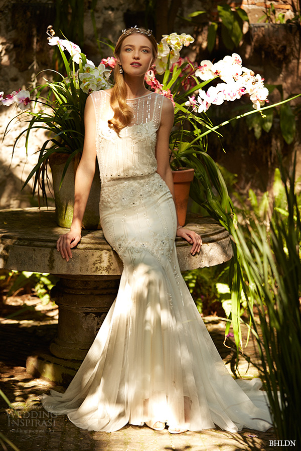 bhldn spring 2015 bridal sleeveless sheer bateau neckline v back ivory trumpet wedding dress magnolia