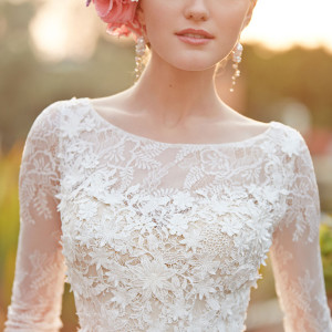bhldn spring 2015 bridal three quarter sleeves bateau illusion lace neckline flora embroidered bodice tullet ivory a line wedding dress amelie closeup