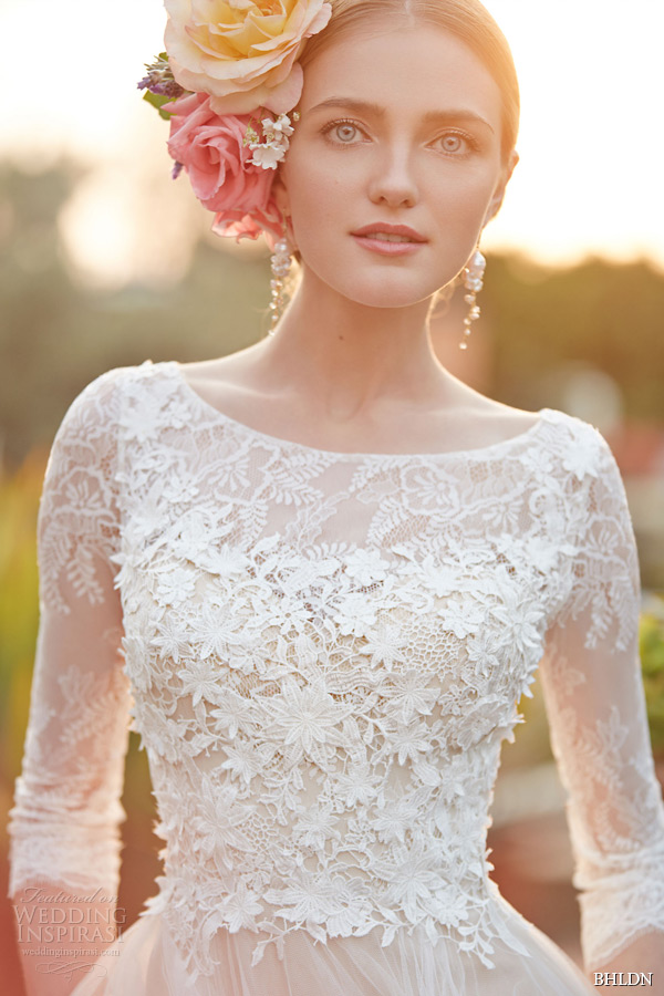 bhldn spring 2015 bridal three quarter sleeves bateau illusion lace neckline flora embroidered bodice tullet ivory a line wedding dress amelie closeup