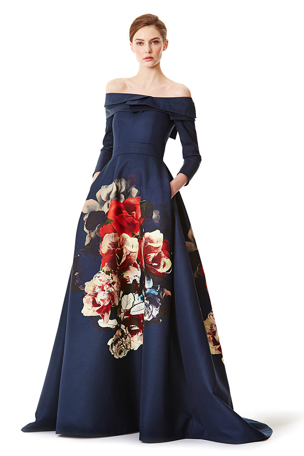 carolina herrera prefall 2015 dresses three quarter sleeves with pockets flora prints blue ball gown