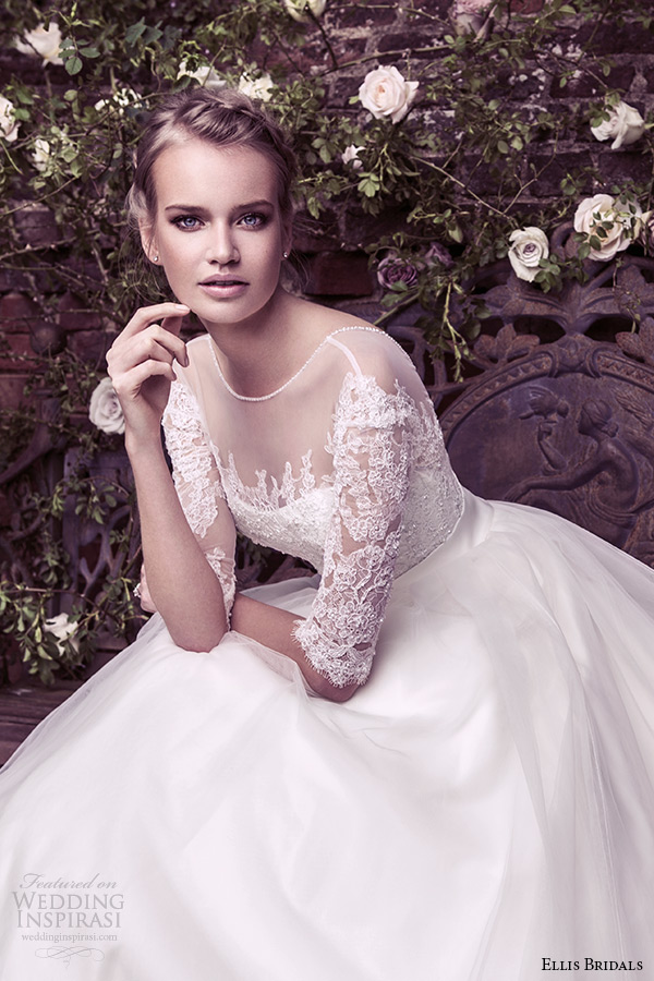 ellis bridal 2015 wedding dress sheer bateau neckline half sleeves a line skirt style 11424
