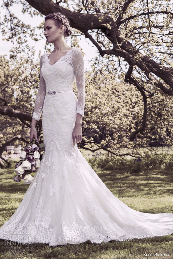 ellis bridal 2015 wedding dress v neckline long lace sleeves fit flare mermaid gown style 11412