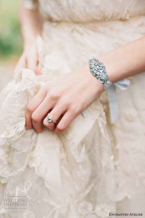 enchanted atelier liv hart bridal jewelry wedding accessories swarovski crystals bluish tone cuff bracelet with ribbon leanne on hand