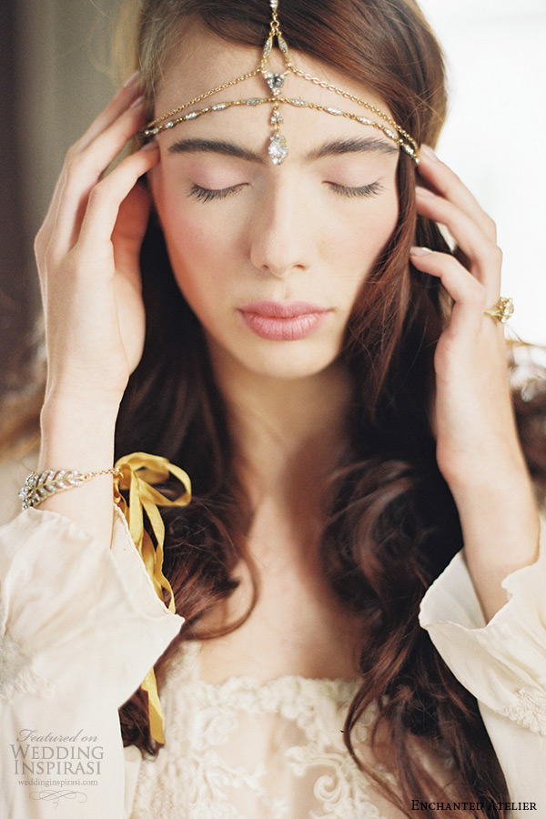 enchanted atelier liv hart bridal jewelry wedding accessories swarovski crystals golden cuff bracelet headband with pendant