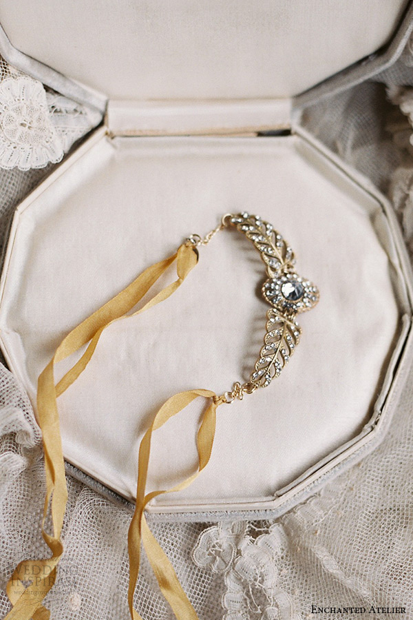 enchanted atelier liv hart bridal jewelry wedding accessories swarovski crystals golden cuff bracelet raw silk ribbon closure juliet