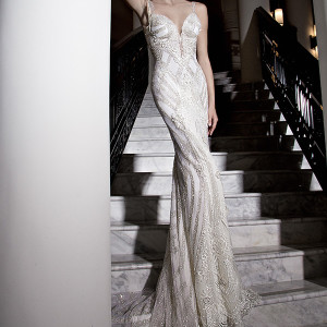 galia lahav 2015 jazz age wedding dress embroidered strap plunging neckline corset bodice ivory art deco sheath bridal gown katharina 1501