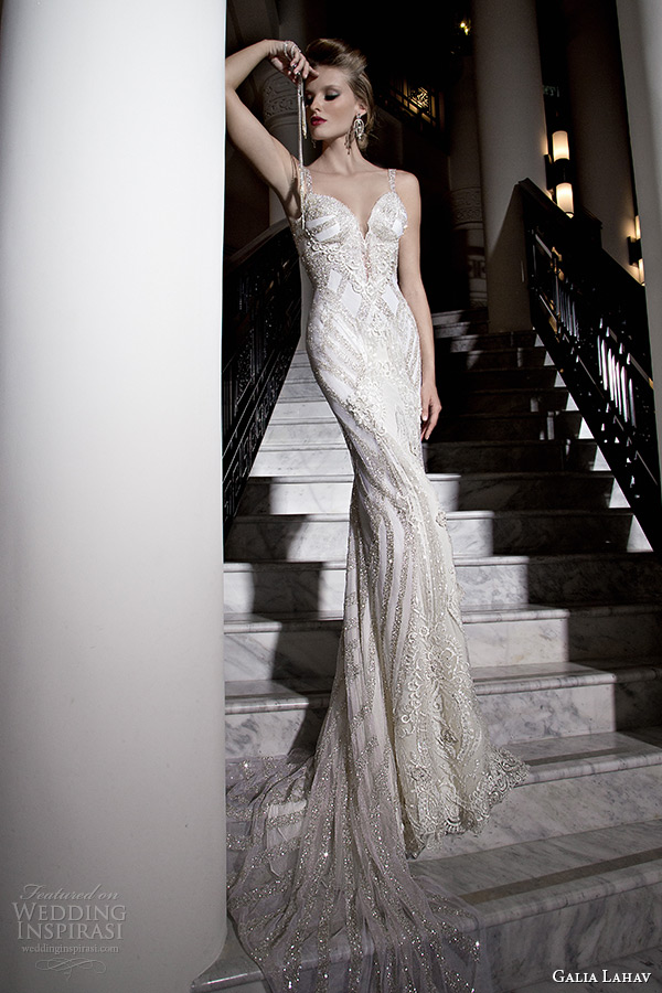 galia lahav 2015 jazz age wedding dress embroidered strap plunging neckline corset bodice ivory art deco sheath bridal gown katharina 1501