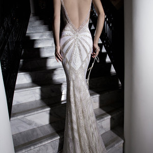 galia lahav 2015 jazz age wedding dress embroidered strap plunging neckline corset bodice ivory low cut back art deco sheath bridal gown katharina 1501