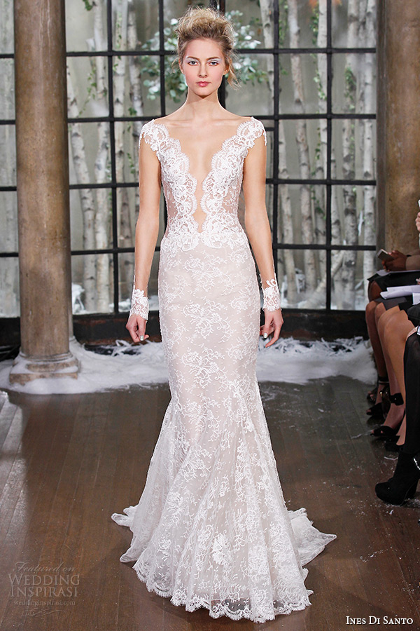 ines di santo fall winter 2015 couture wedding dress cap sleeves lace deep plunging neckline mermaid bridal gown madrid