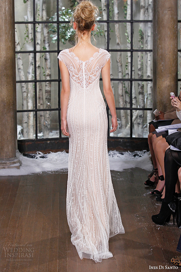 ines di santo fall winter 2015 couture wedding dress cap sleeves lace sheer boat neckline sheath bridal gown riga back