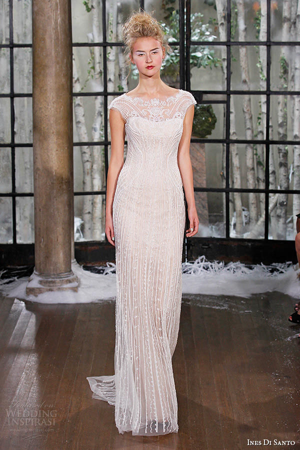 ines di santo fall winter 2015 couture wedding dress cap sleeves lace sheer boat neckline sheath bridal gown riga