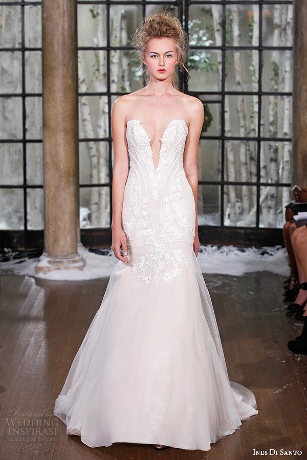 ines di santo fall winter 2015 couture wedding dress strapless plunging v neckline fit flare bridal gown nantes