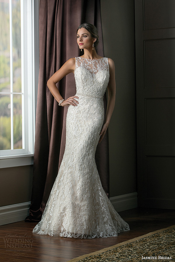 jasmine bridal 2015 wedding dress sleeveless bateau sheer neckline sweetheart keyhole back lace sheath gown t172009