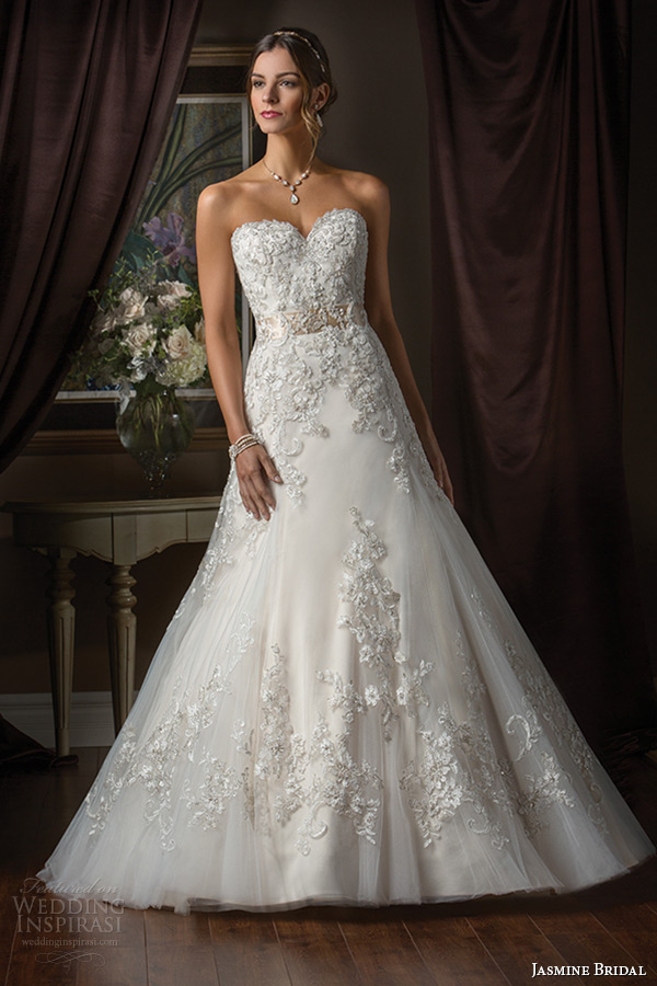 jasmine bridal 2015 wedding dress strapless sweetheart neckline detail embroidered bodice low back a line gown t172010