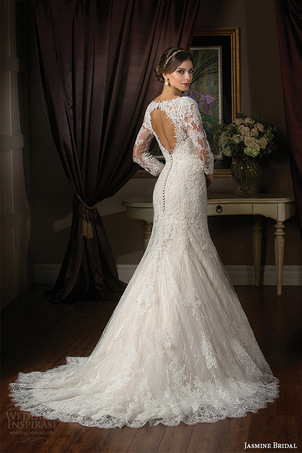 jasmine bridal 2015 wedding dress three quarter sleeves lace v neckline keyhole back trumpet mermaid gown t172002 back