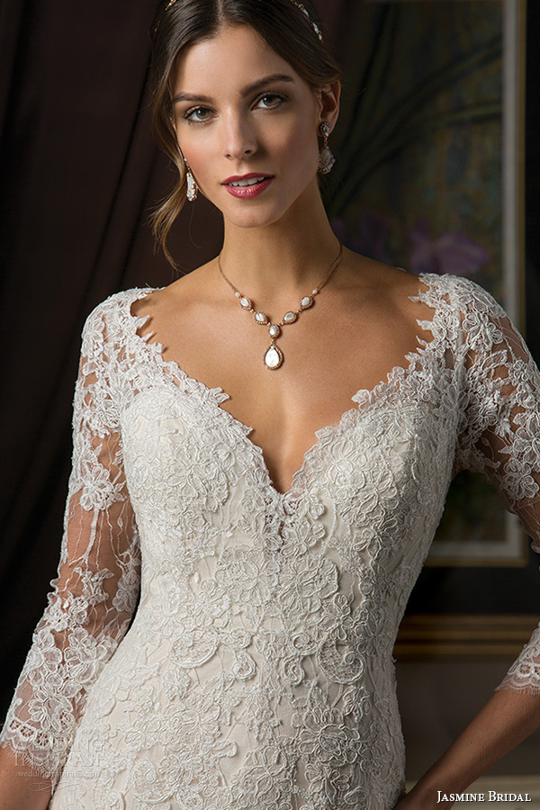 jasmine bridal 2015 wedding dress three quarter sleeves lace v neckline keyhole back trumpet mermaid gown t172002 zoom