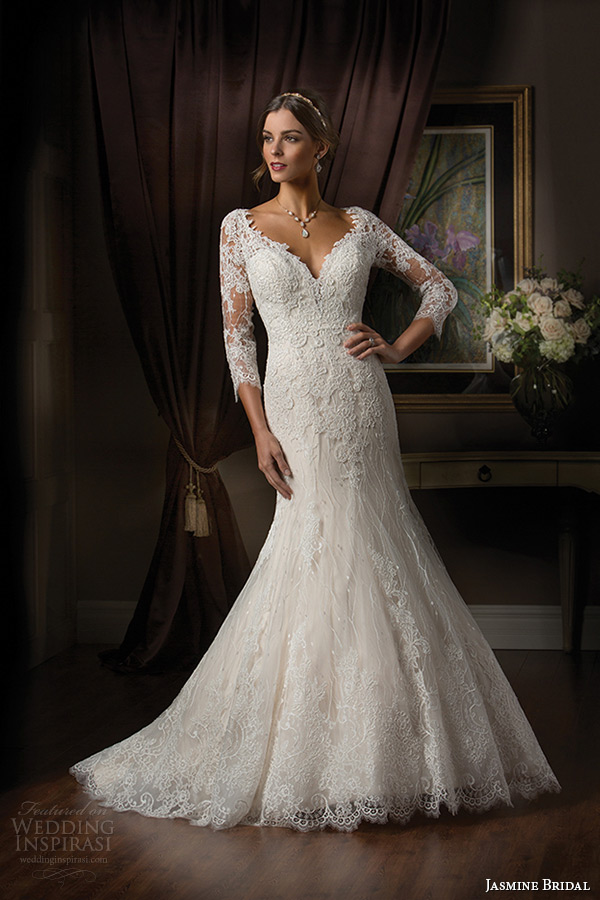 jasmine bridal 2015 wedding dress three quarter sleeves lace v neckline keyhole back trumpet mermaid gown t172002