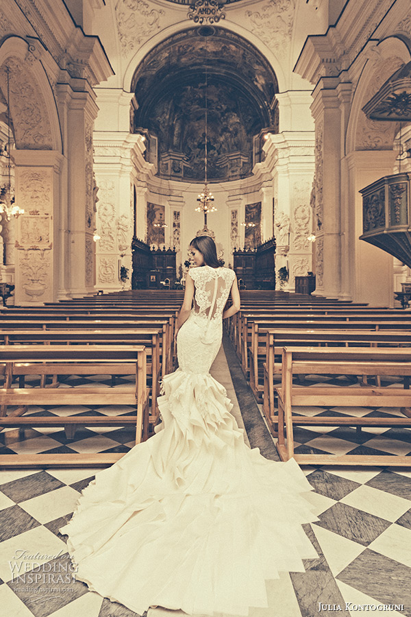 julia kontogruni bridal 2015 wedding dress jewel lace neckline with bustier bodice mermaid gown chapel train back