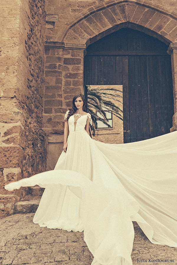 julia kontogruni bridal 2015 wedding dress jeweled strap cap sleeves plunging neckline a line gown watteau train