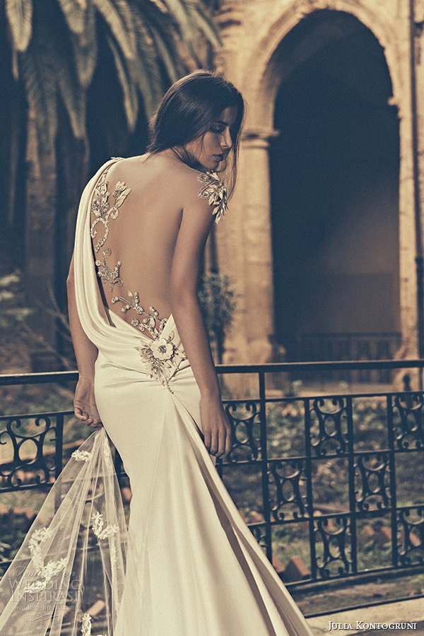 julia kontogruni bridal 2015 wedding dress one shoulder sheer embroidered beaded back fit and flare gown back closeup