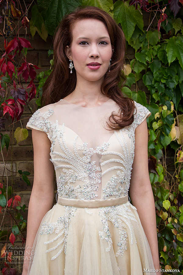 margo stankova 2015 bridal wedding dresses cap sleeves sheer plunging neckline beaded lace silk organza short tea length gown dorota closeup margo stankova 2015 bridal wedding dresses cap sleeves sheer plunging neckline beaded lace silk organza short tea length gown dorota closeup