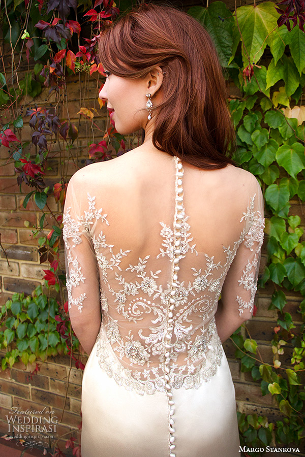 margo stankova 2015 bridal wedding dresses illusion half sleeves oyster gold sweetheart neckline beaded lace sheer low back sheath wedding gown mairei back closeup margo stankova 2015 bridal wedding dresses illusion half sleeves oyster gold sweetheart neckline beaded lace sheer low back sheath wedding gown mairei back closeup
