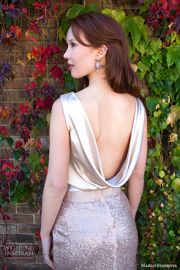 margo stankova 2015 bridal wedding dresses sleeveless draped neckline shimmering golden top gold sequinned skirt matte finish johanna skirt back closeup margo stankova 2015 bridal wedding dresses sleeveless draped neckline shimmering golden top gold sequinned skirt matte finish johanna skirt back closeup