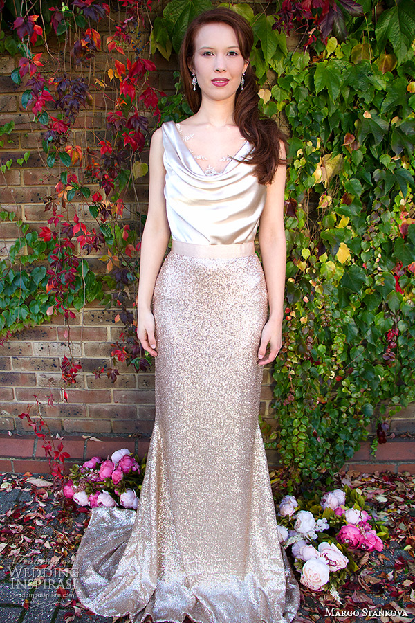 margo stankova 2015 bridal wedding dresses sleeveless draped neckline shimmering golden top gold sequinned skirt matte finish johanna skirt margo stankova 2015 bridal wedding dresses sleeveless draped neckline shimmering golden top gold sequinned skirt matte finish johanna skirt