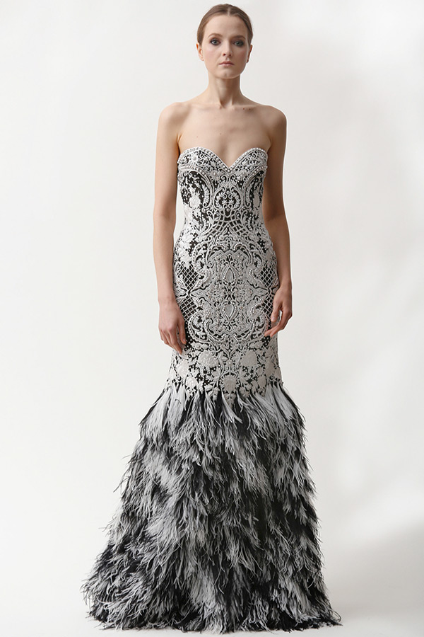 naeem khan prefall 2015 couture dresses strapless heartshape neckline victorian motifs feather bottom mermaid gown