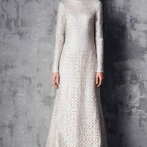 tadashi shoji prefall 2015 dresses bateau neckline long sleeve texture white a line gown