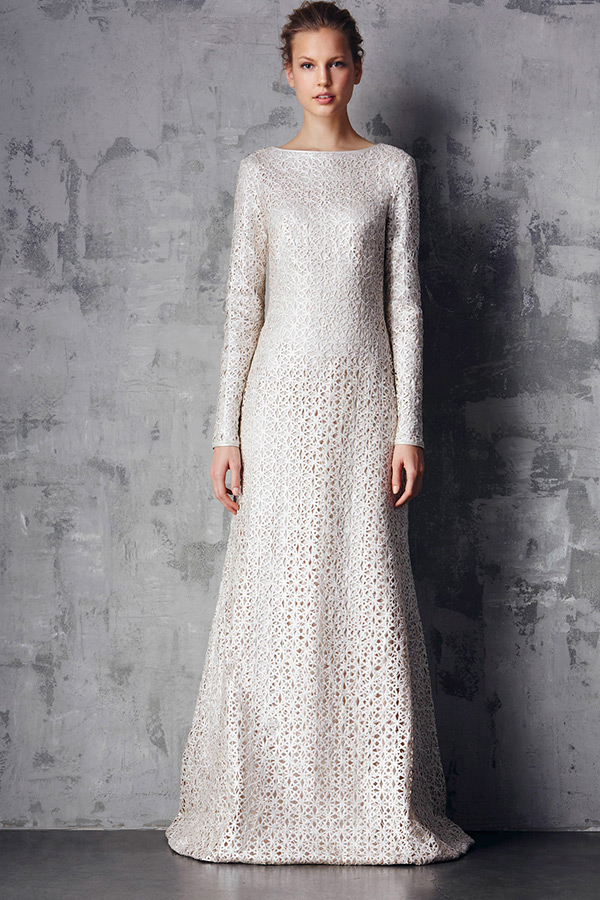 tadashi shoji prefall 2015 dresses bateau neckline long sleeve texture white a line gown