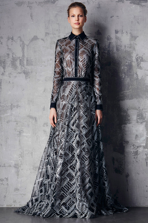 tadashi shoji prefall 2015 dresses button shirt long sleeves sheer black a line gown