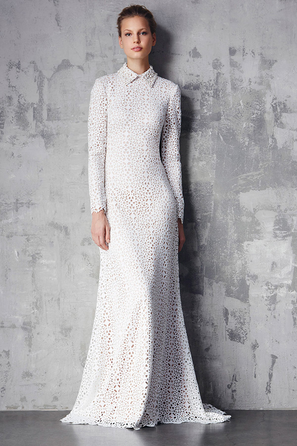 tadashi shoji prefall 2015 dresses collar long sleeves texture pattern white sheath gown