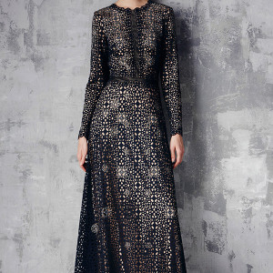 tadashi shoji prefall 2015 dresses jewel scalloped neckline long sleeves button top pattern black dress