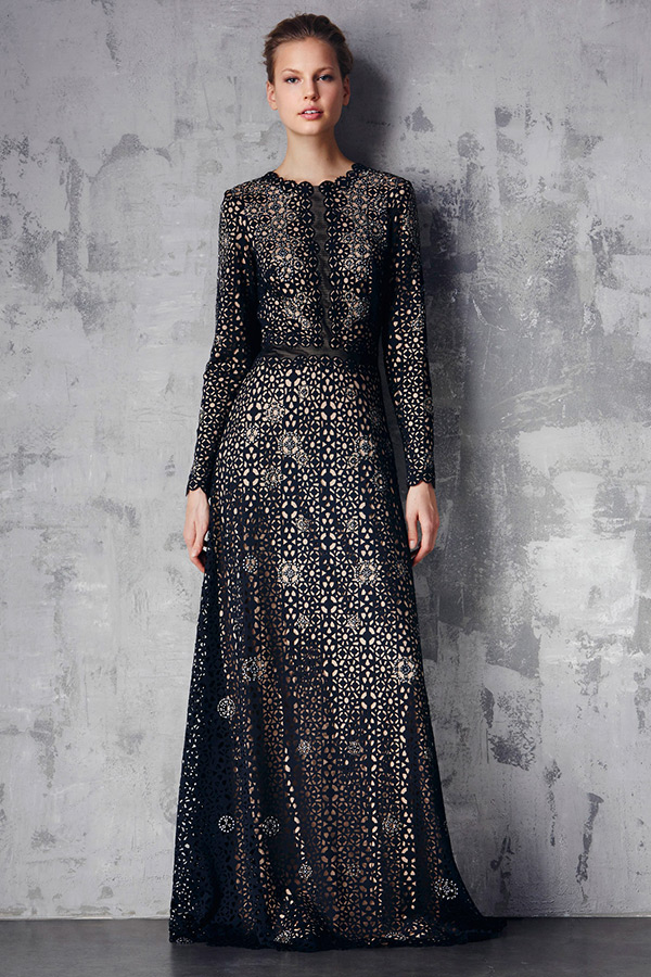 tadashi shoji prefall 2015 dresses jewel scalloped neckline long sleeves button top pattern black dress