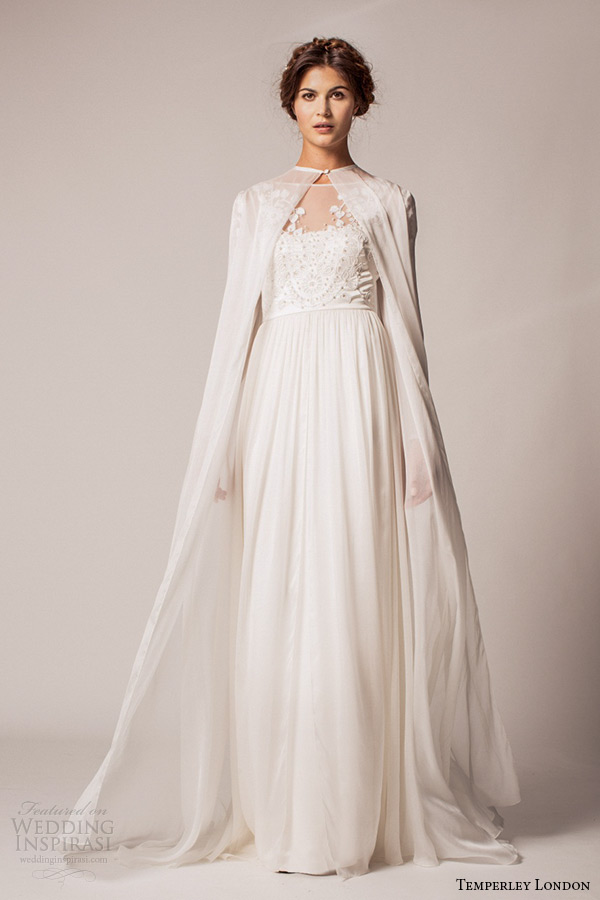 temperley london fall winter 2015 wedding dress bridal bateau neckline short sleeves empire gown saffron with bellflower coat