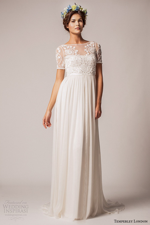 temperley london fall winter 2015 wedding dress bridal bateau neckline short sleeves empire gown saffron