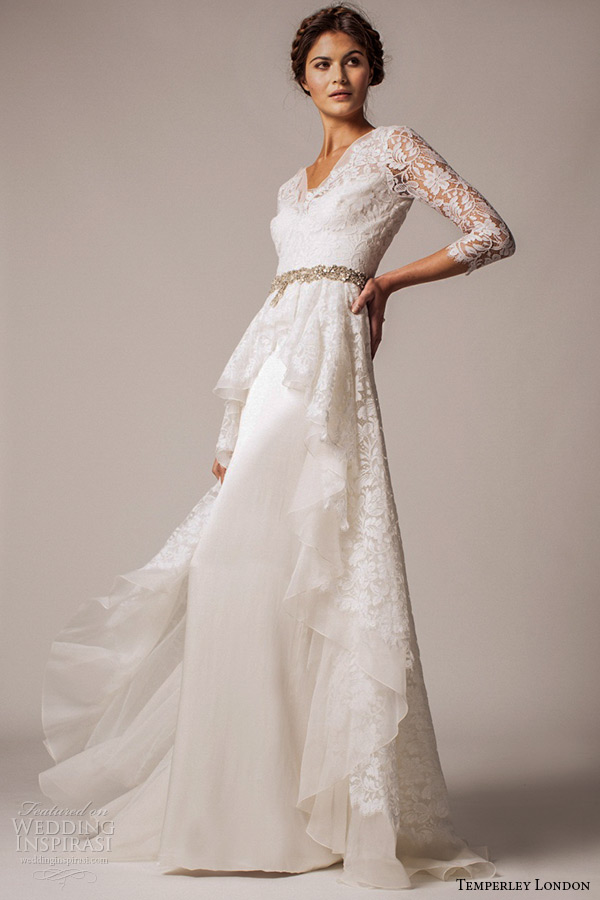 temperley london fall winter 2015 wedding dress bridal v neck lace three quarter sleeves a line gown with belt posey