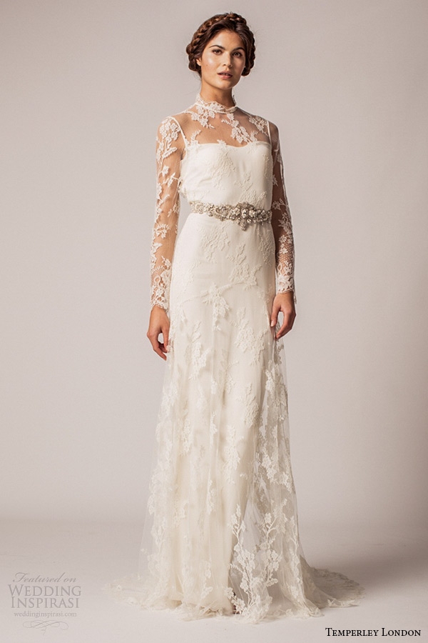 temperley london winter 2015 wedding dress bridal jewel neckline lace collar illusion long sleeves column gown with belt amelia