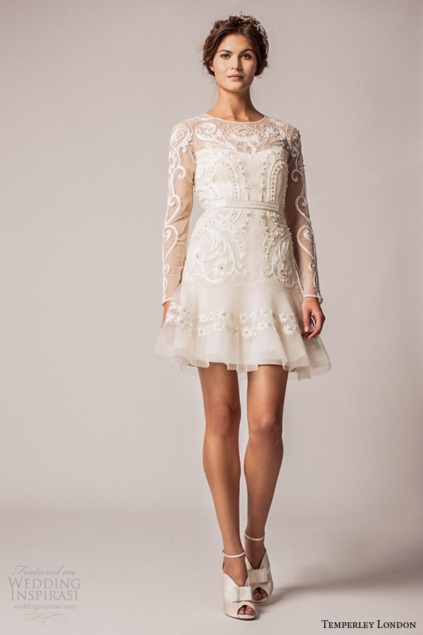 temperley london winter 2015 wedding dress bridal jewel neckline sheer long sleeves embroidered short wedding dress mulberry