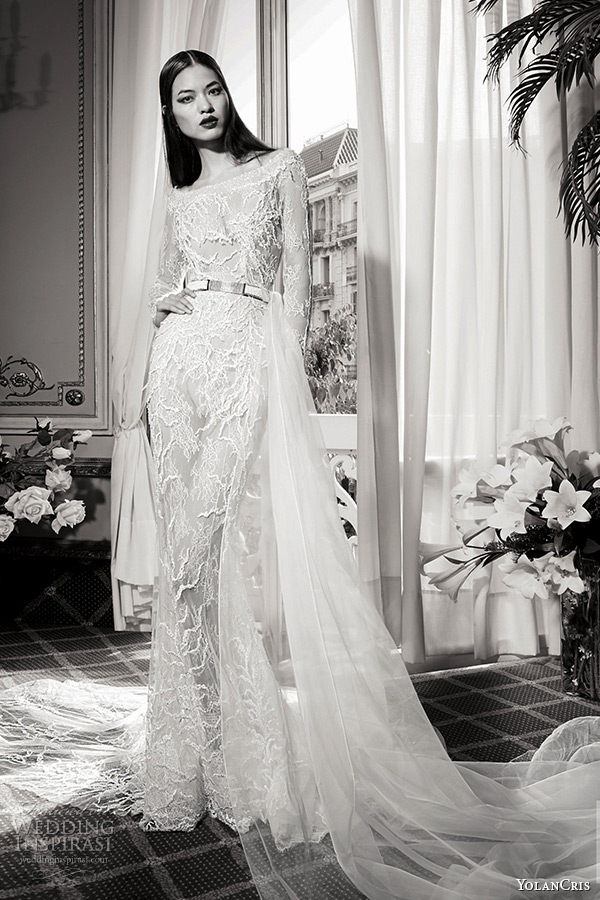 YolanCris bridal fall 2016 haute couture wedding dress boat neckline sleeveless floral embroidery corset bodice ball gown topacio