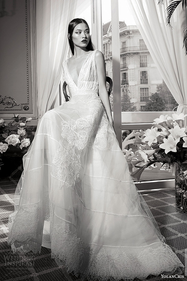 YolanCris bridal fall 2016 haute couture wedding dress boat neckline sleeveless floral embroidery corset bodice ball gown topacio