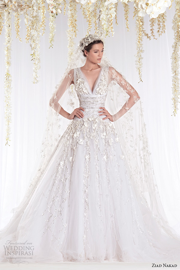 ziad nakad 2015 haute couture bridal wedding dress leaf applique plunging v neckline a line gown